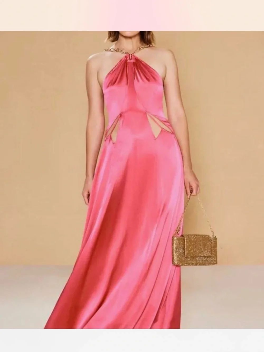 CULT GAIA
Althea Silk Satin Golden-Chain Halter Gown